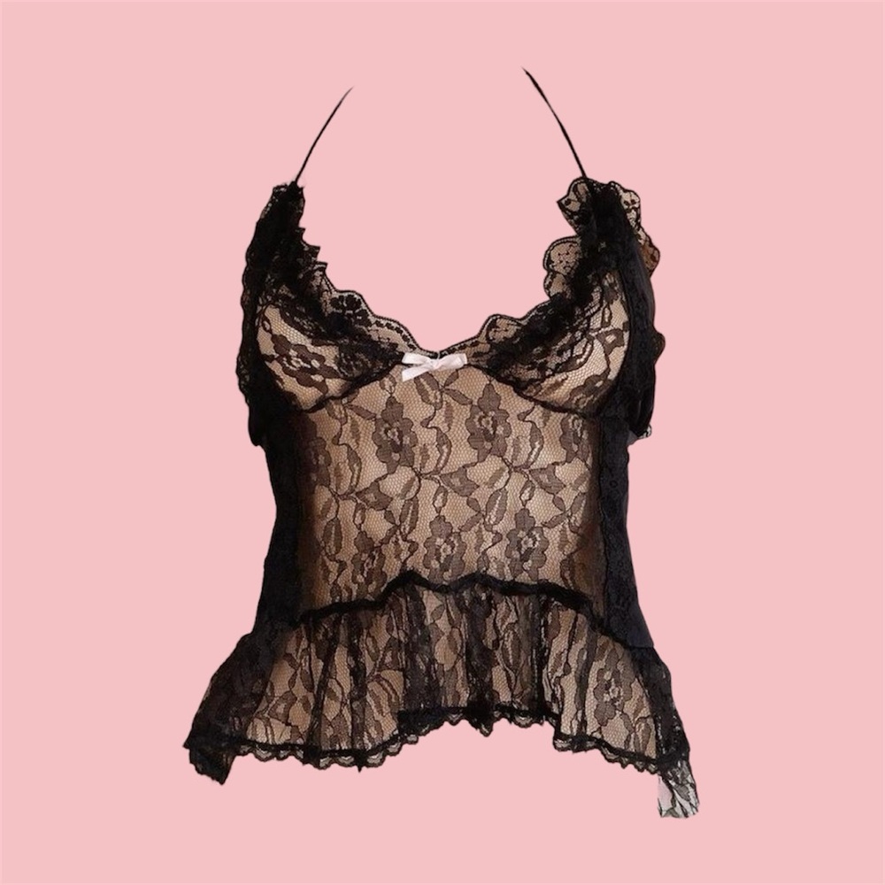 VINTAGE 70s/80s black lace and nylon camisole